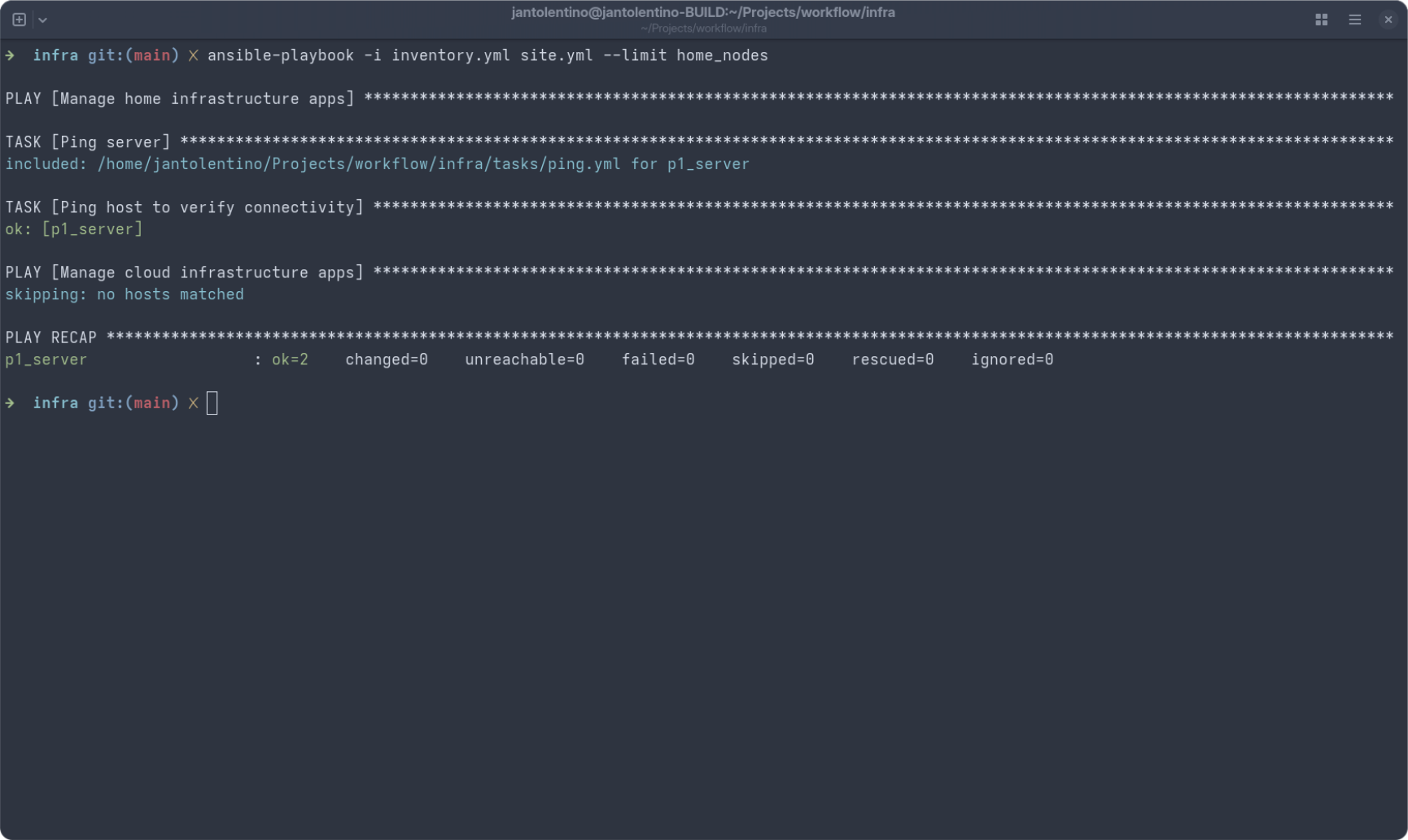 Running the ansible-playbook command to ping