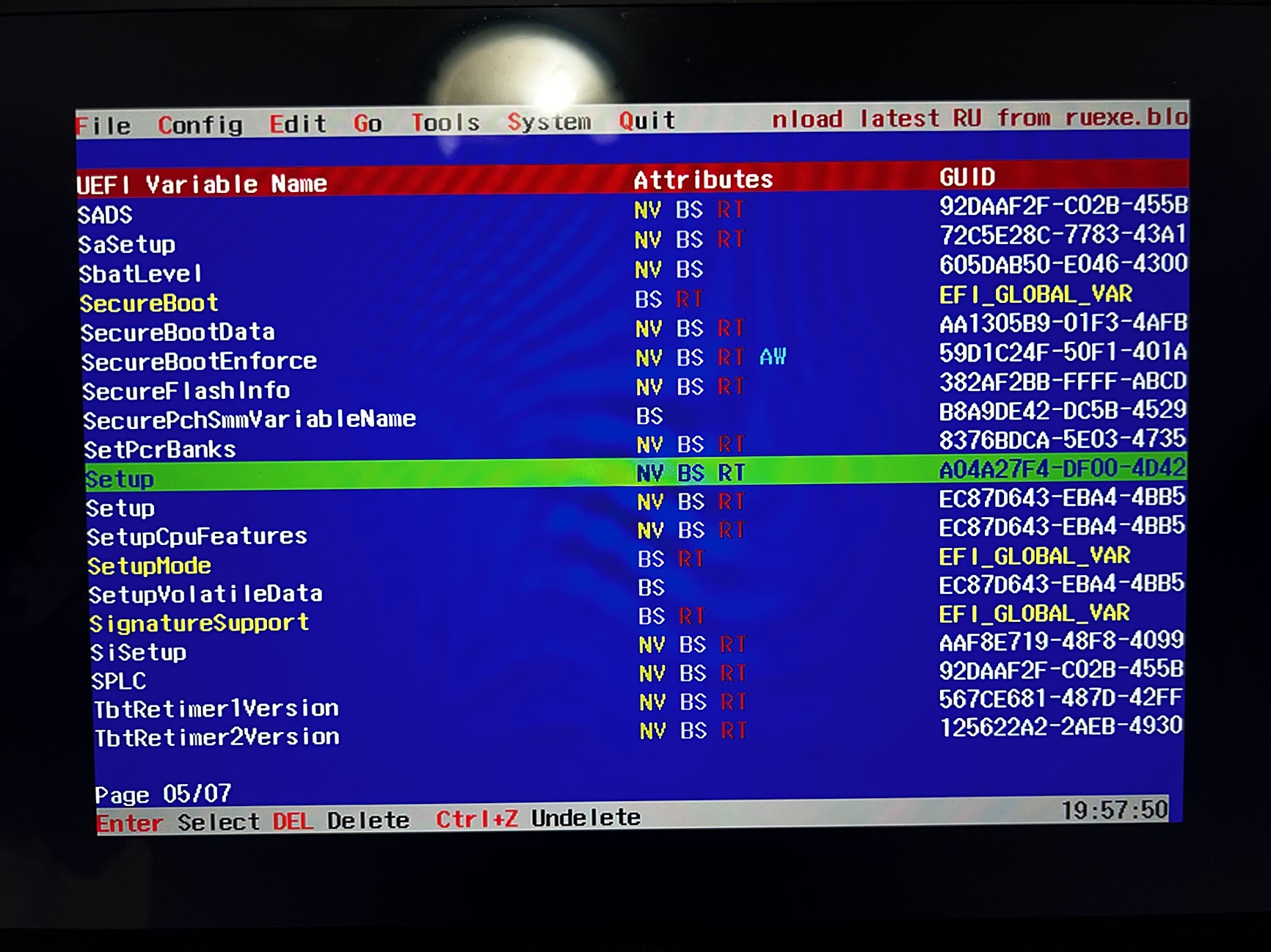 UEFI variable list from RU.EFI with the Setup variable highlighted