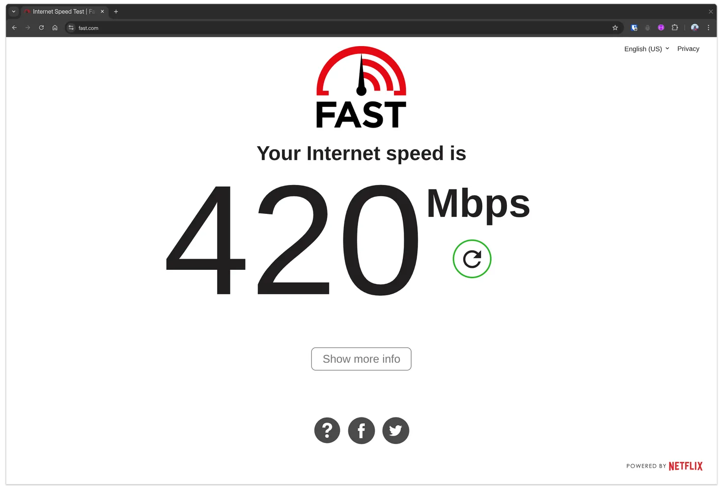 Internet speed test result is 400Mbps