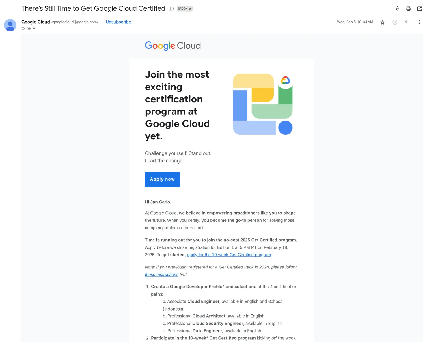 Early promotional email I received from GCP