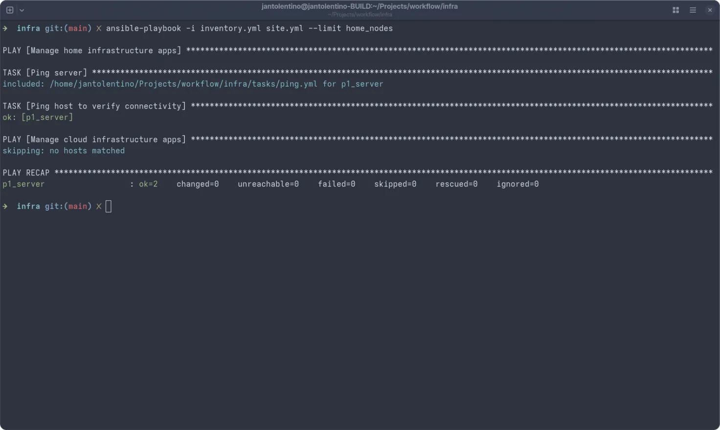 Running the ansible-playbook command to ping